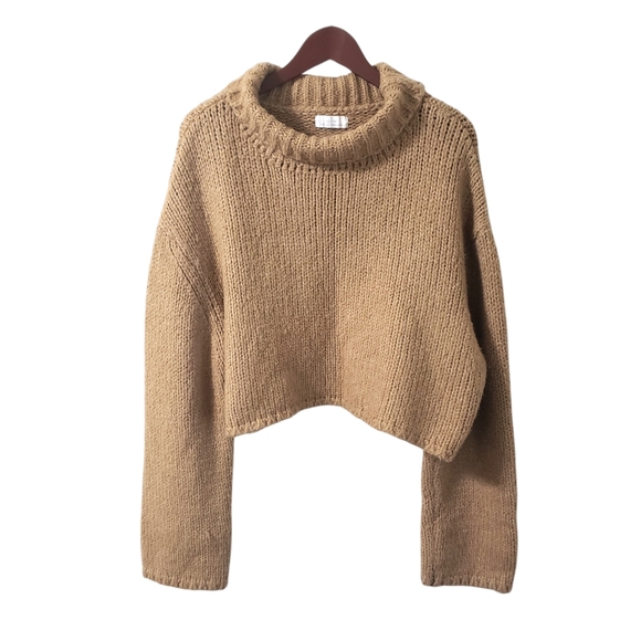 OAK + FORT Sweaters - Oak + Fort Womens Cropped Turtleneck Sweater Large Chunky Oversized Camel Tan